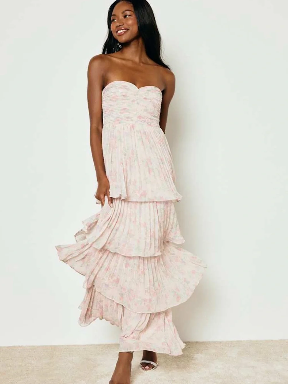 Lulu's Pink Floral Strapless Tiered Maxi Dress